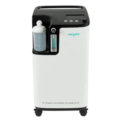 Owgels 5L oxygen concentrator, front view with humidifier bottle