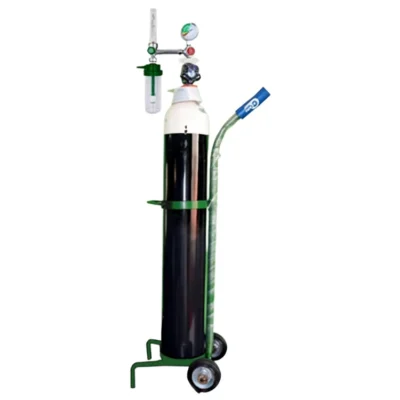Linde medical oxygen cylinder on a trolley with regulator